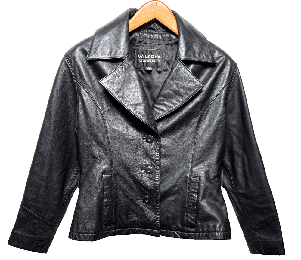 Y2K Wilsons Black Leather Jacket Women's Size Small Button Front Short Length